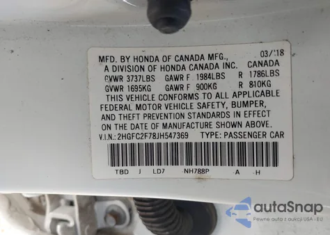 2018 Honda Civic Ex z USA, uszkodzony, nr VIN 2HGFC2F78JH547369